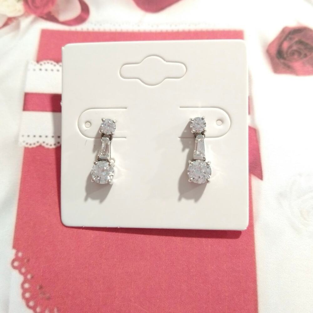 Sterling Silver 925 Dangle Earrings Round Baguette Cut CZ Posts Thailand Signed